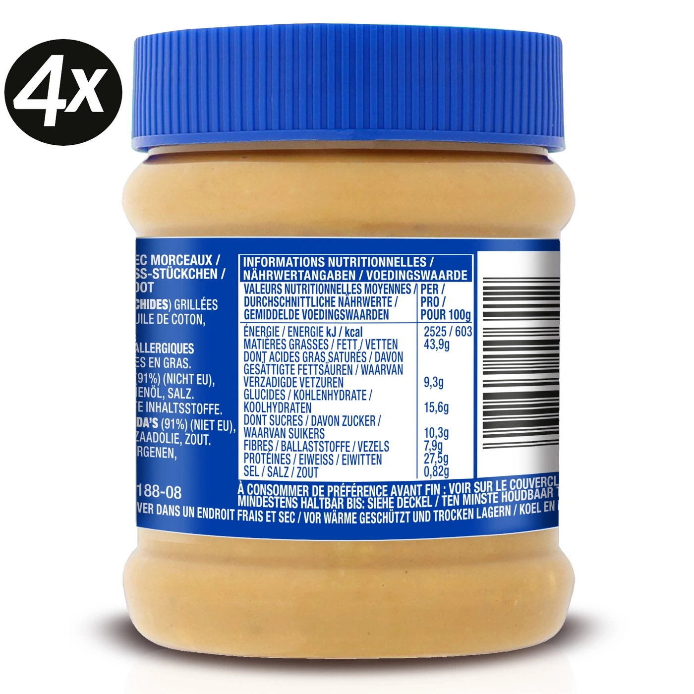 A jar of peanut butter with nutrition facts label in German and other languages.