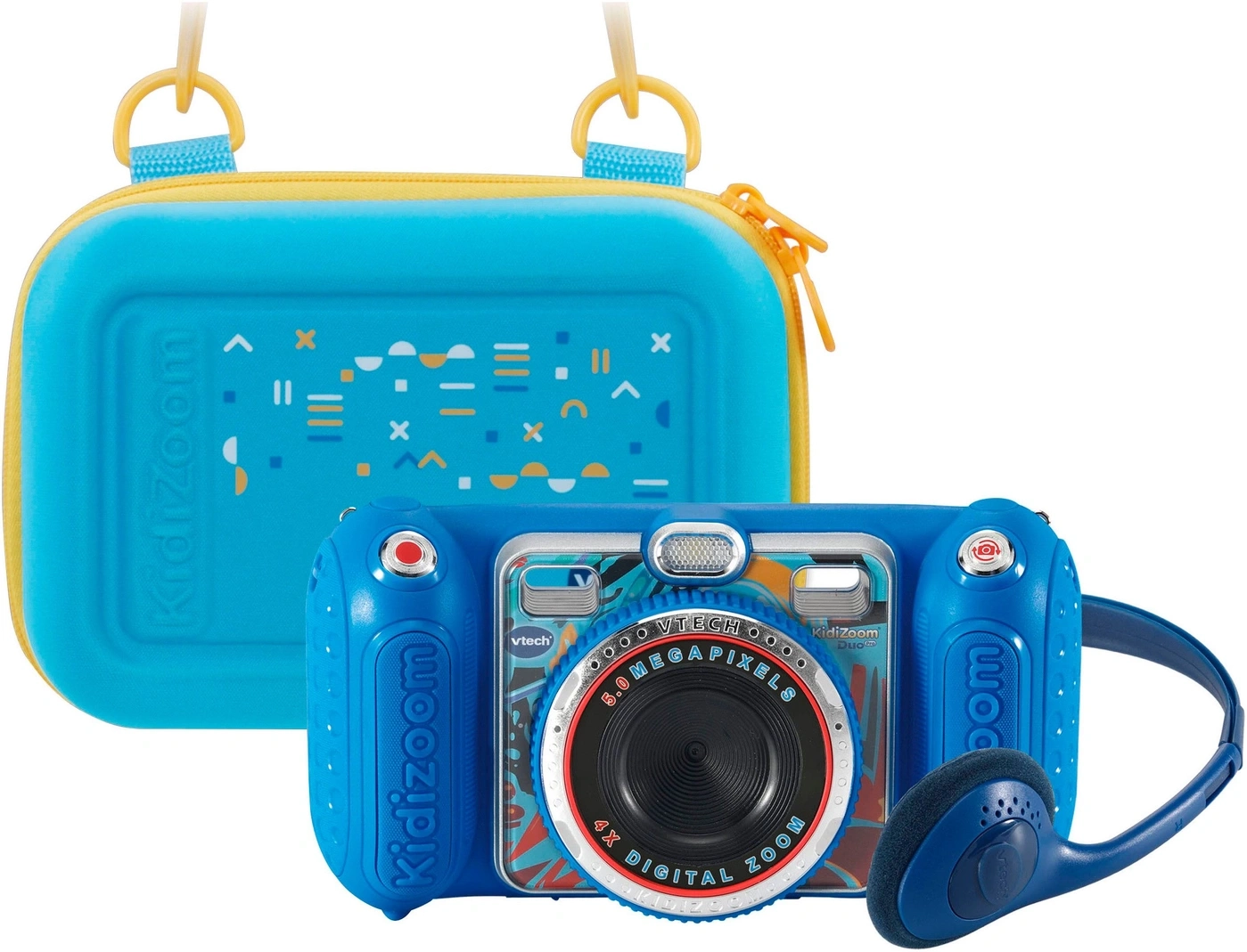 Ein blauer VTech Kidizoom Duo Pro Kinderkamera mit Zubehör.