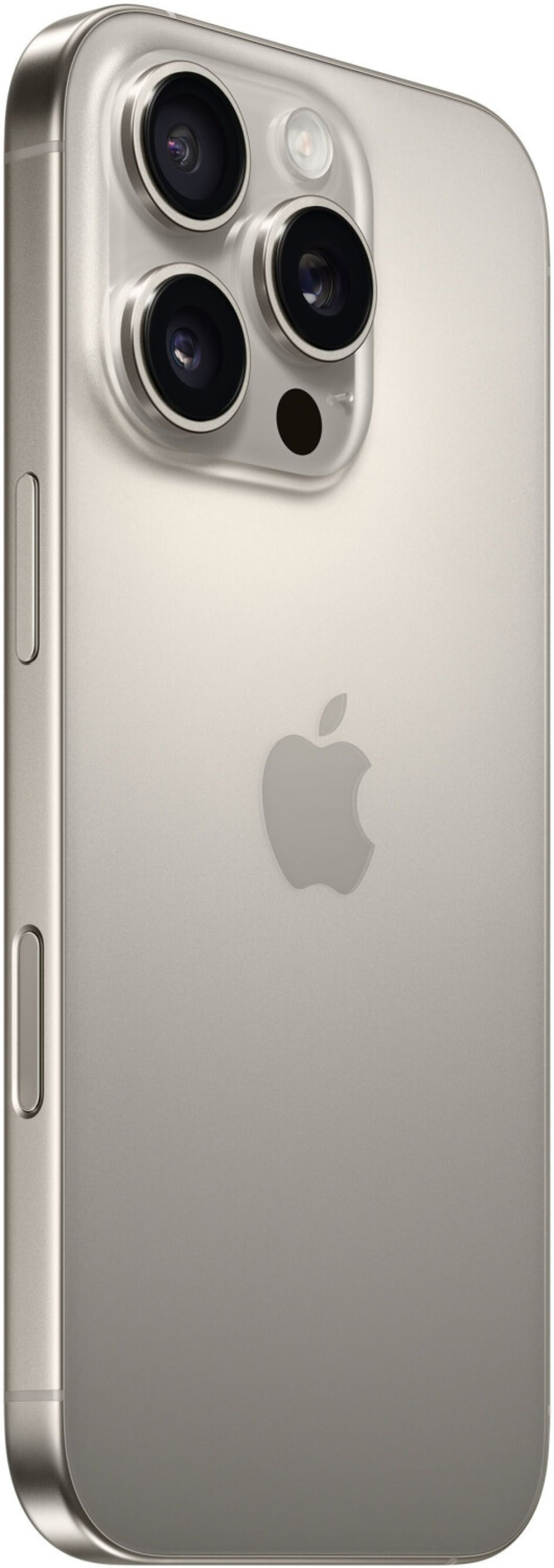 Rückseite eines silbernen iPhones mit drei Kameras und Apple-Logo.