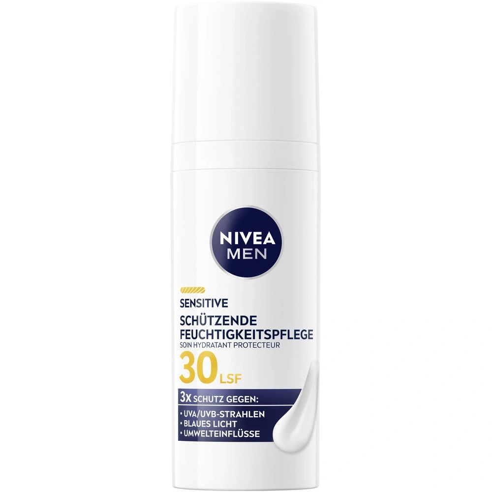 Nivea Men Sensitive Feuchtigkeitspflege mit LSF 30, schützt vor UVA/UVB-Strahlen, blauem Licht und Umwelteinflüssen.