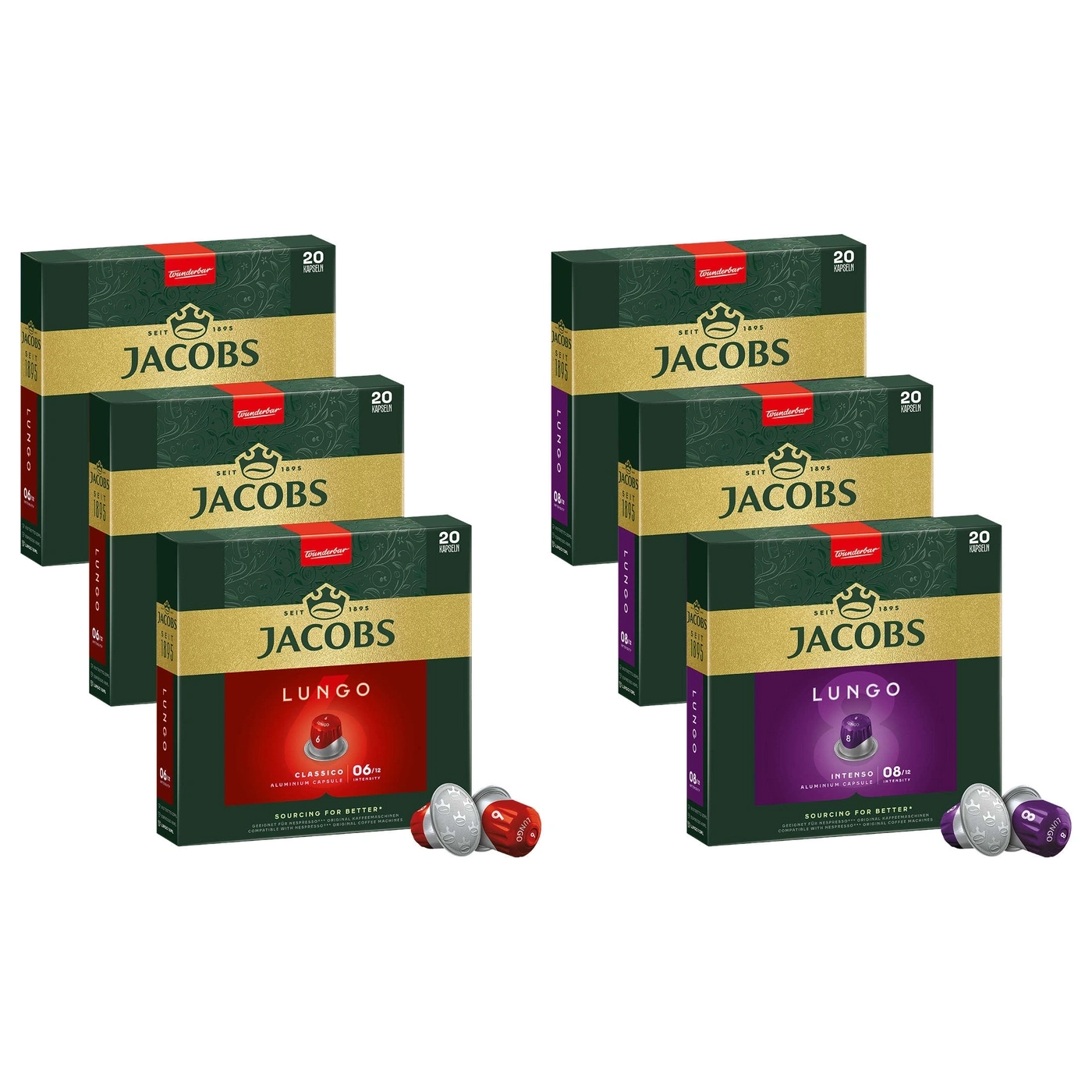 Jacobs Lungo Kaffeekapseln, verschiedene Sorten, 20 Kapseln pro Packung, Aluminiumkapseln