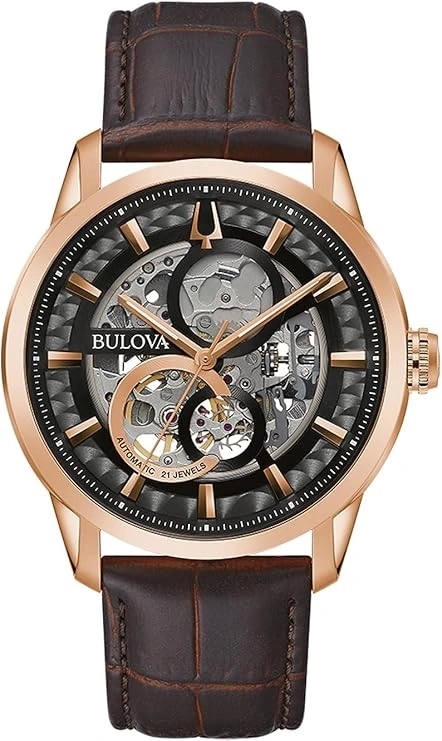 Bulova Herrenuhr, braunes Lederarmband, roségoldenes Gehäuse, Skelett-Zifferblatt, Automatik