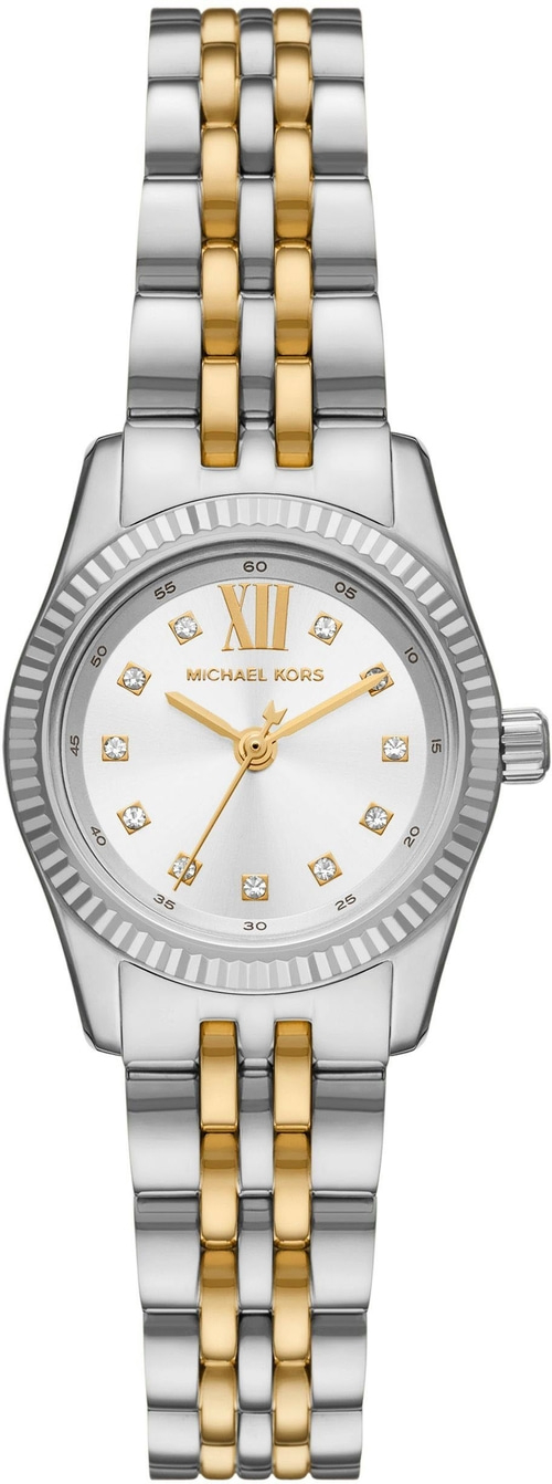 Michael Kors Uhr, silbernes Gehäuse, goldenes Armband, Diamanten, weißes Zifferblatt, römische Ziffern