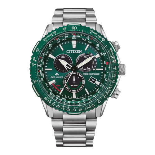 Grüne Citizen Eco-Drive Funkuhr mit silbernem Armband