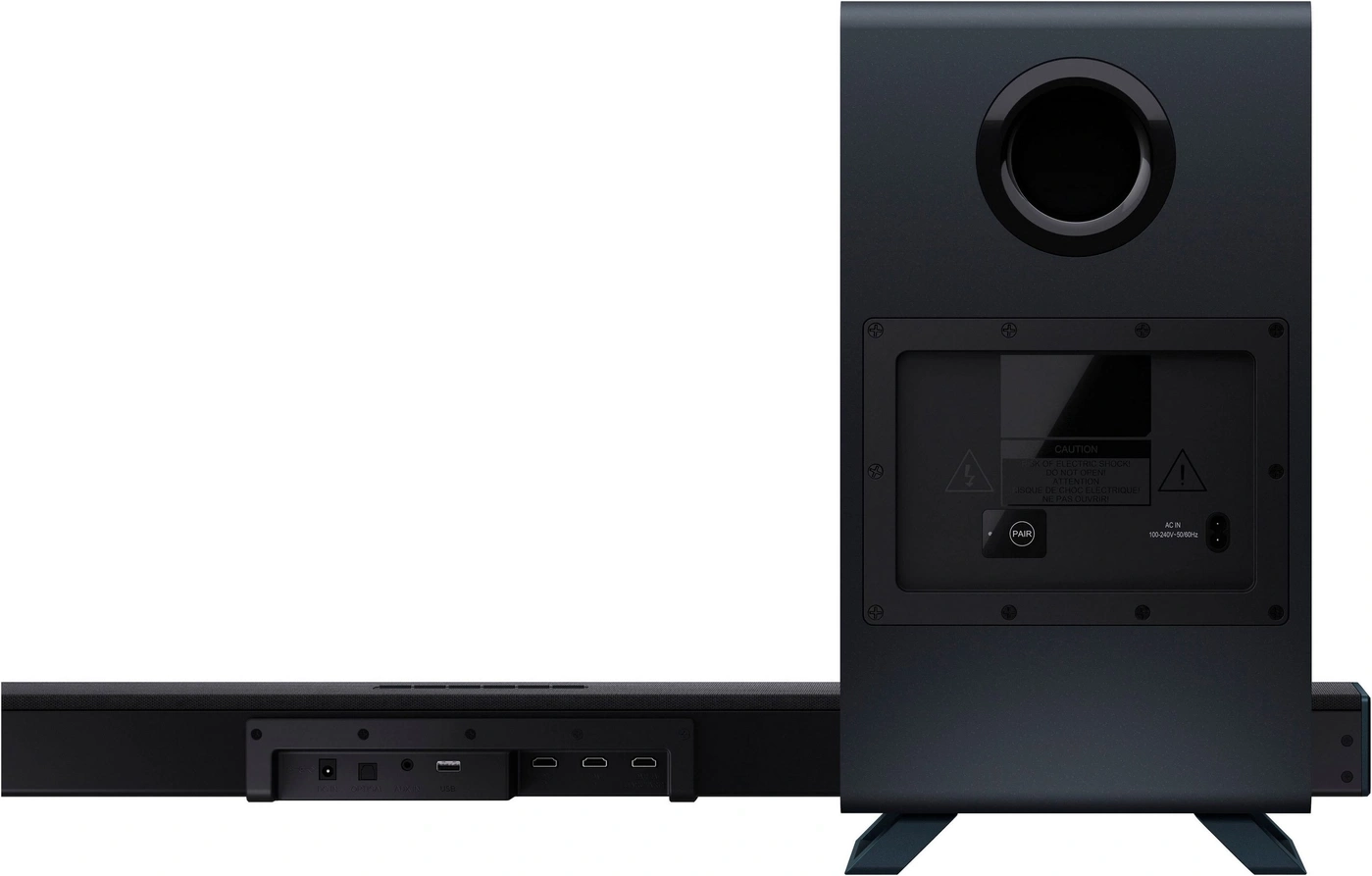 Die Rückseite eines schwarzen Subwoofers und einer Soundbar mit Anschlüssen.