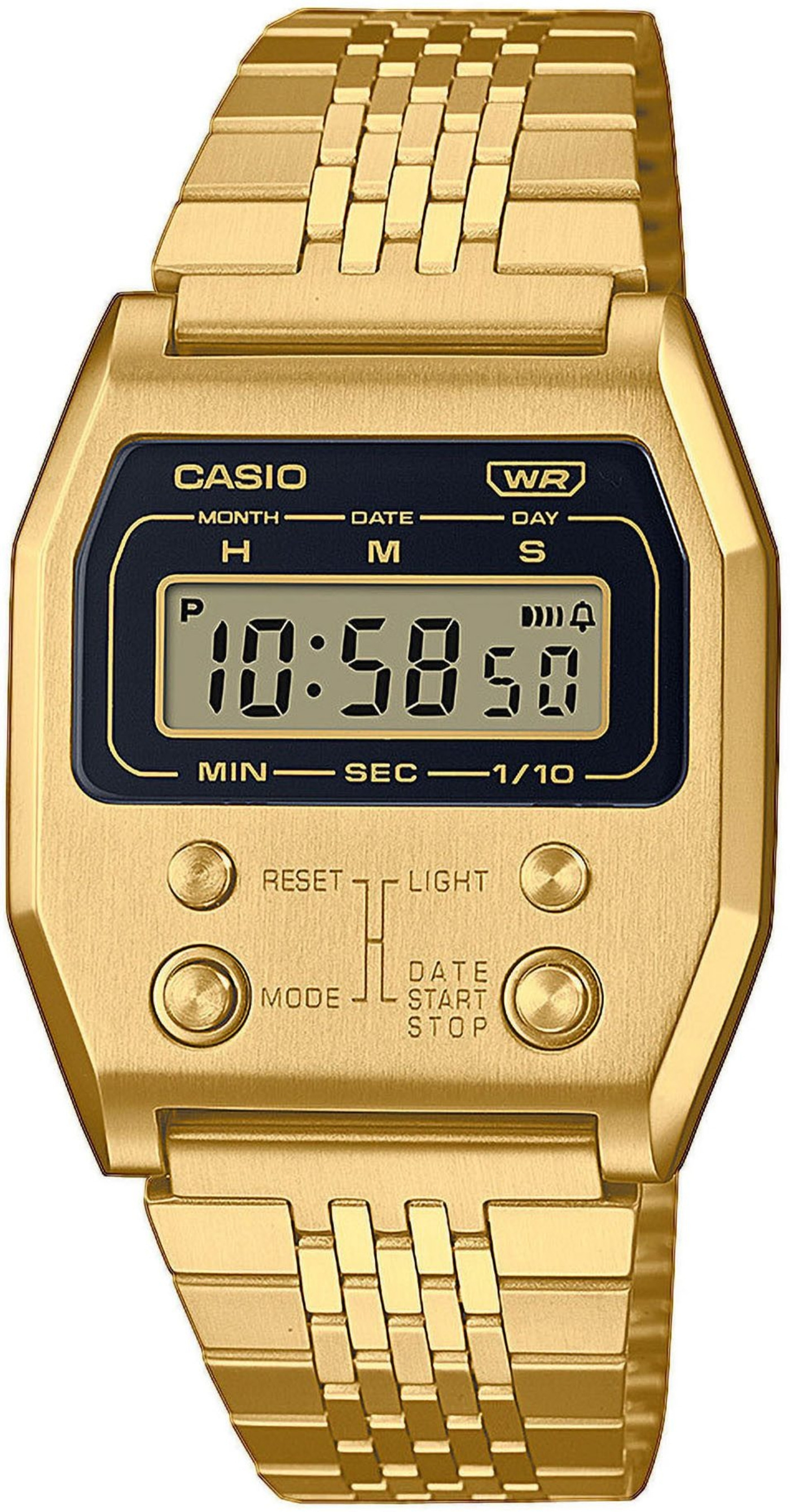 Goldene Casio Digitaluhr mit schwarzem Zifferblatt und Armband