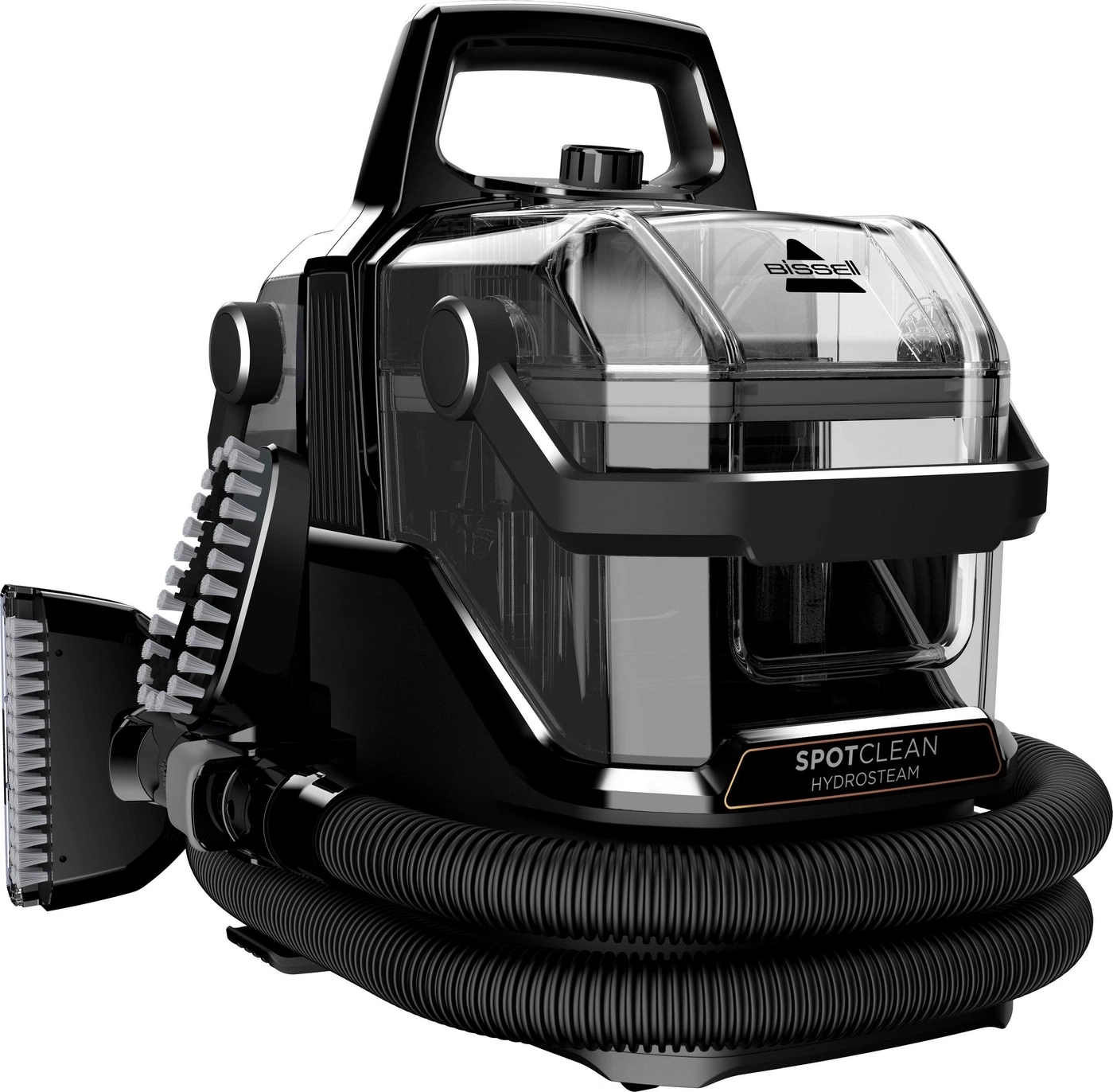 Schwarzer Bissell SpotClean HydroSteam Teppichreiniger, Nahaufnahme, weißer Hintergrund