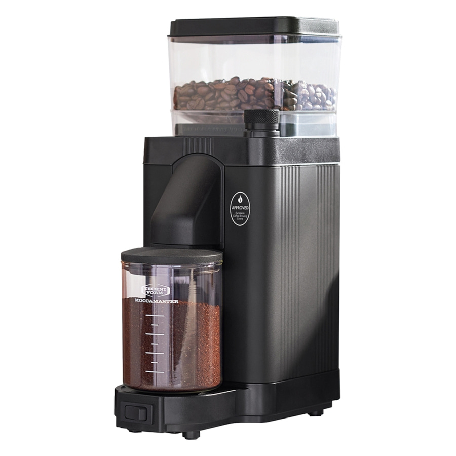 Schwarze Kaffeemühle mit Bohnen und gemahlenem Kaffee, Technivorm Moccamaster