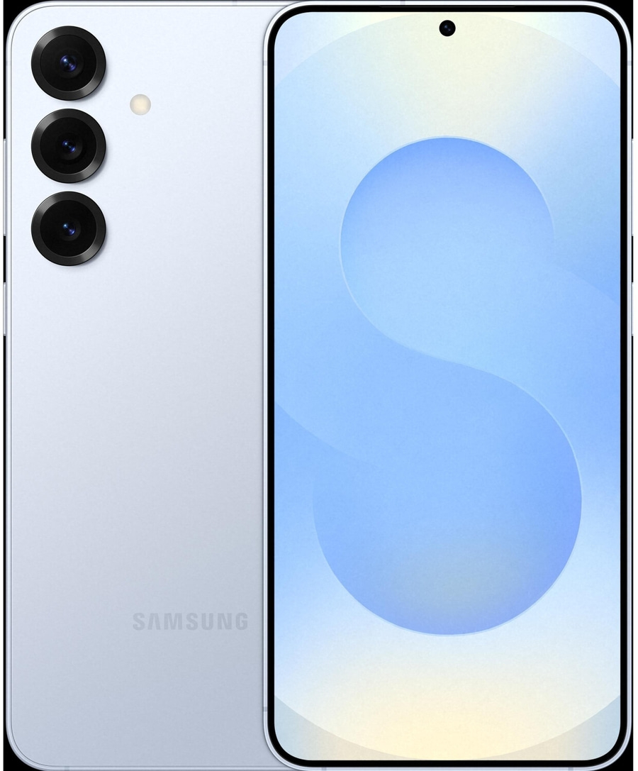 Samsung Smartphone in Hellblau mit drei Kameras und Bildschirm