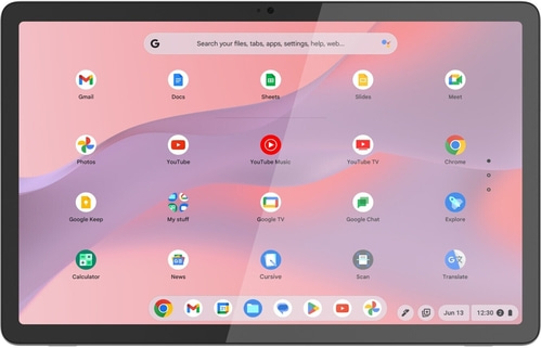 Tablet-Startbildschirm mit Apps wie Gmail, YouTube, Chrome und Google-Diensten.