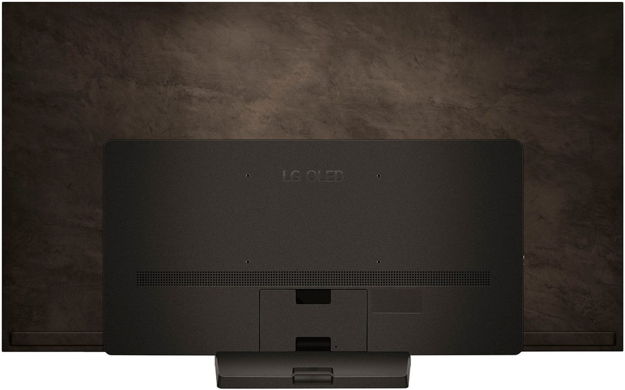 Rückseite eines schwarzen LG OLED-Fernsehers mit braunem Hintergrund und Logo.