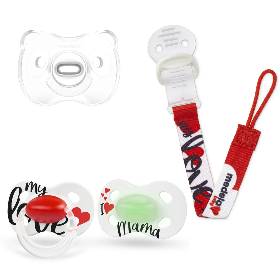 MEDELA Schnuller Set Uno Soft Silicone Transparent Signature +Schnullerkette 0-6