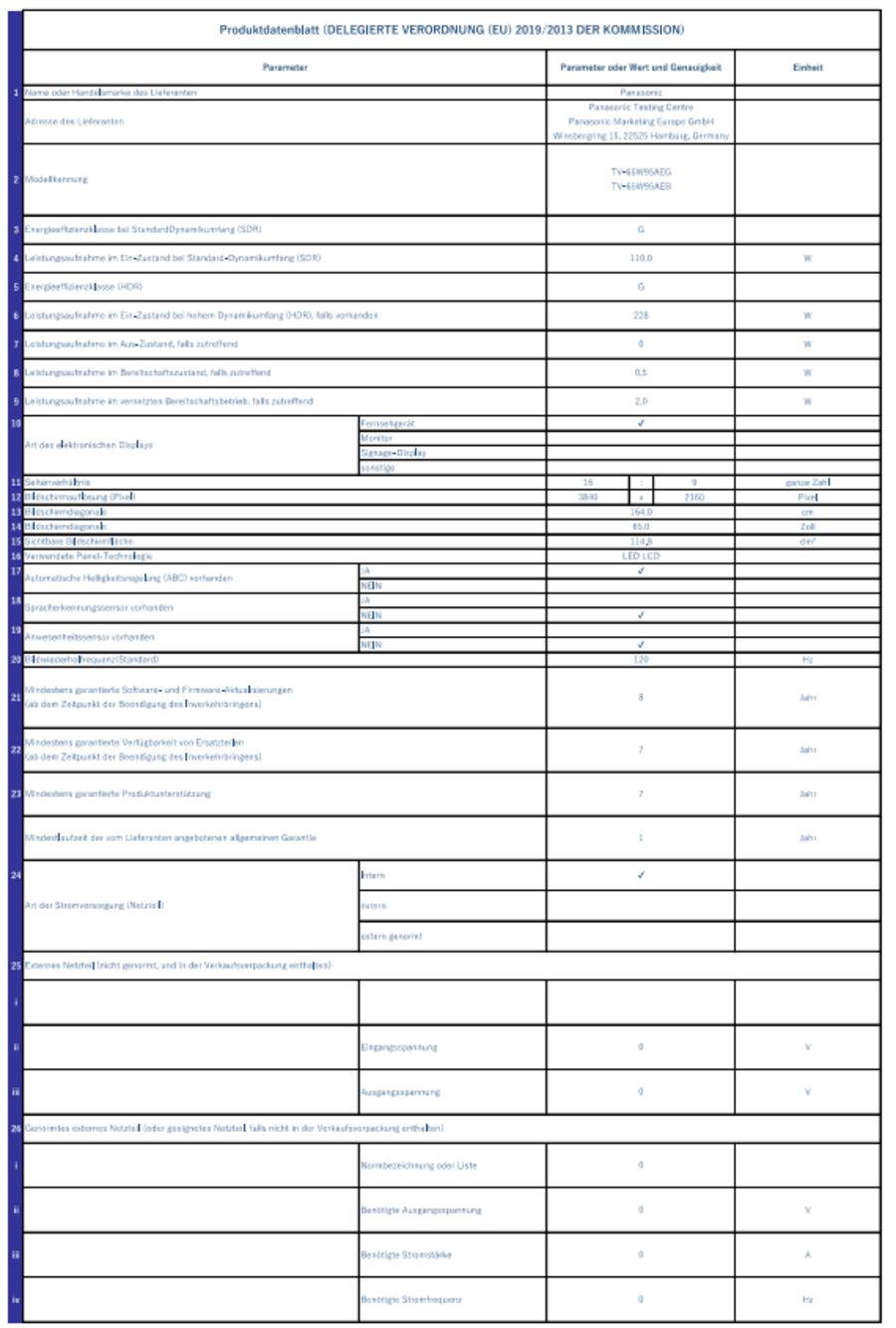 Produktdatenblatt mit Parametern, Werten, Einheiten und Energieeffizienz.