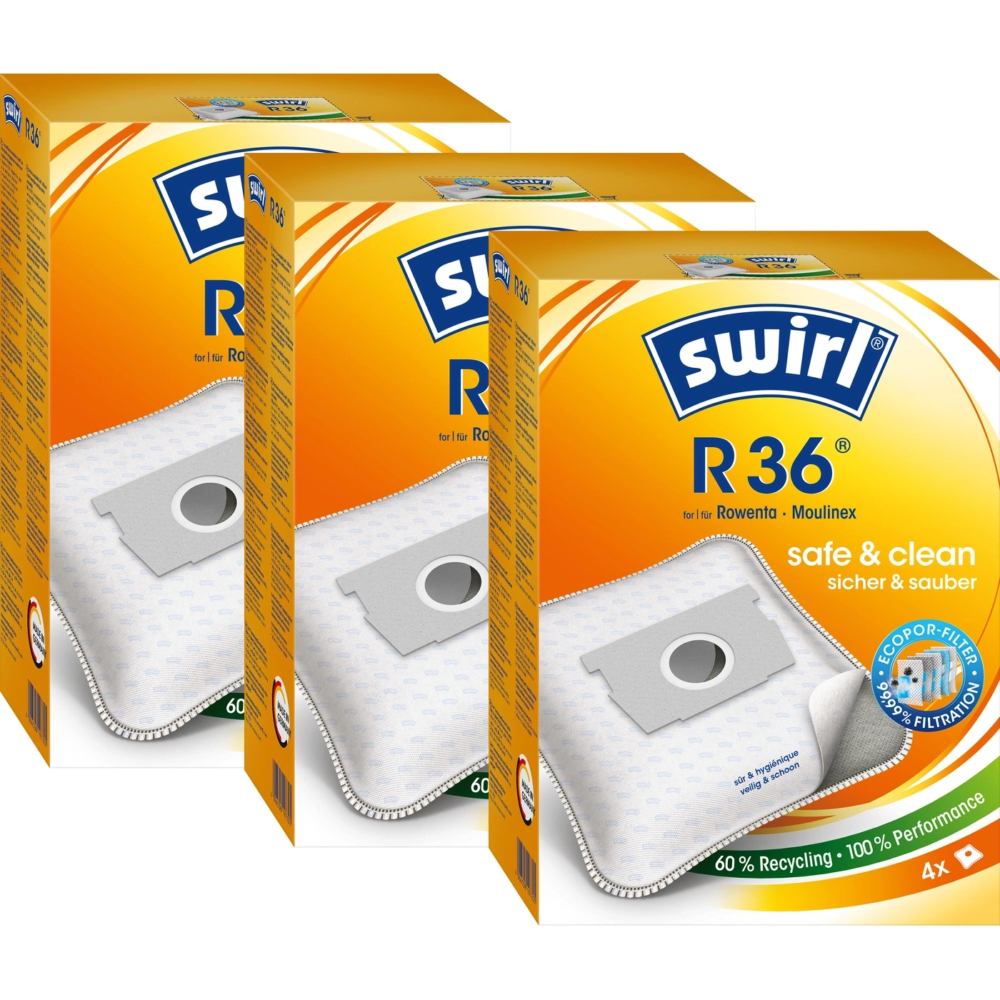 Swirl R36 Staubsaugerbeutel, 4er Packung, für Rowenta und Moulinex, 60% Recycling