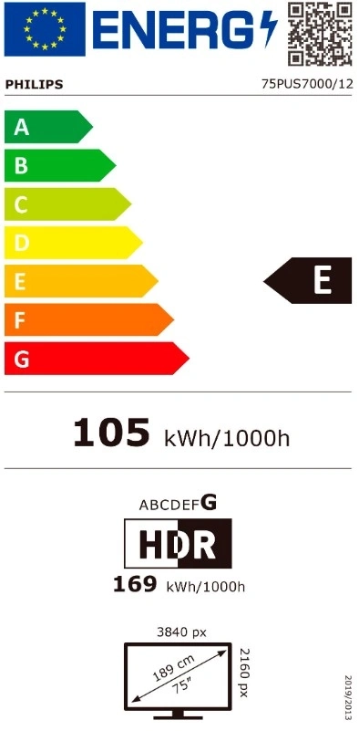Energielabel für Philips Fernseher mit Energieeffizienzklasse E und 105 kWh/1000h Verbrauch.