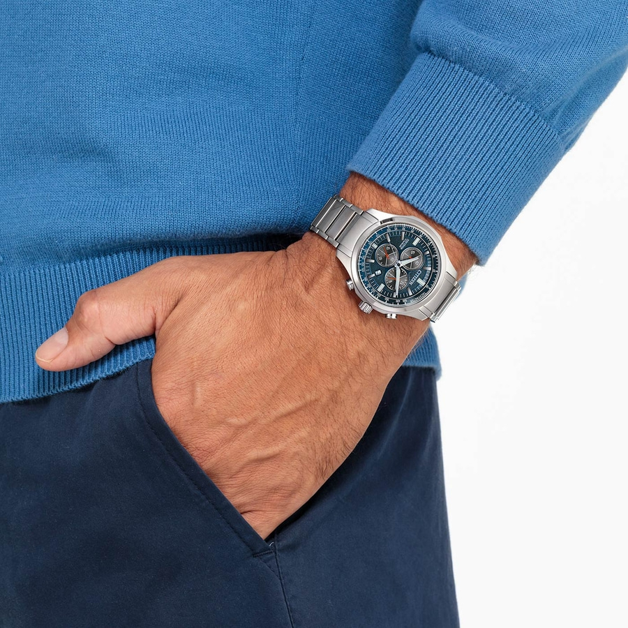 CITIZEN Herren Armbanduhr AT2530-85L Chronograph Eco-Drive Titan 43 mm B-Ware