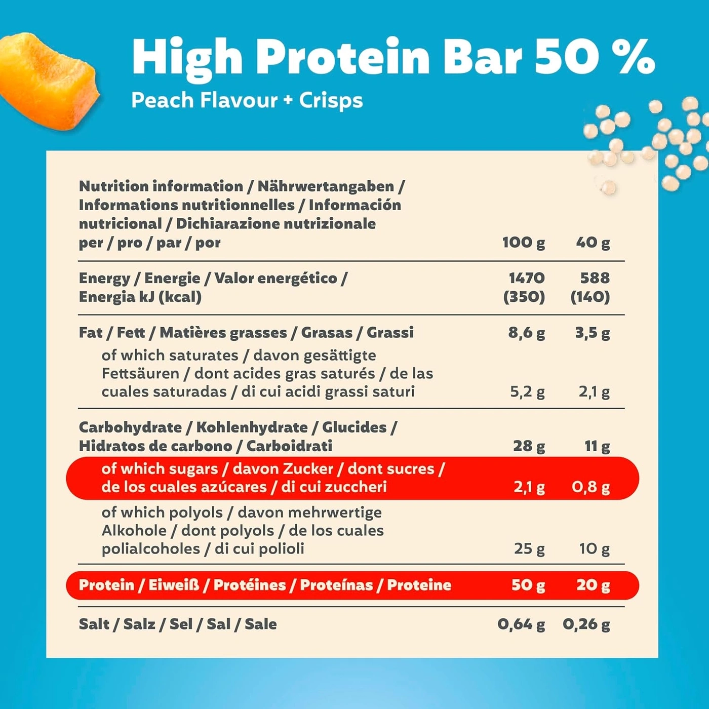 Nährwertangaben für High Protein Bar 50 % Pfirsichgeschmack mit Crisps.