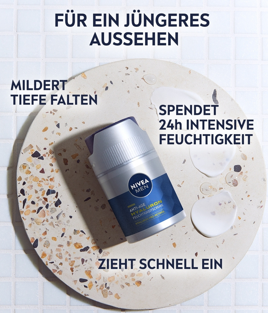 Nivea Men Anti-Age Hyaluron Creme, mildert Falten, spendet Feuchtigkeit, zieht schnell ein.
