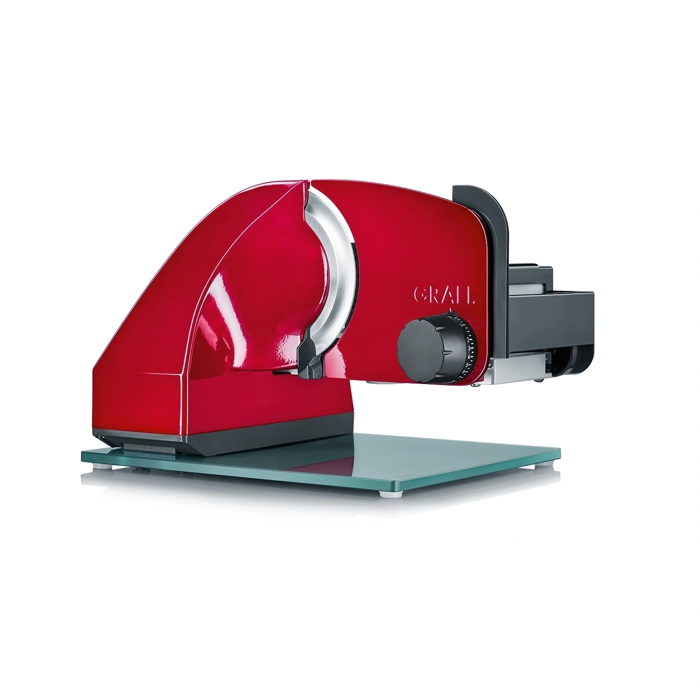 Rote Aufschnittmaschine mit Glasplatte und Einstellknopf