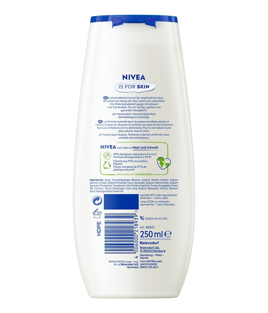Nivea Duschgel mit der Angabe "IS FOR SKIN" und Inhaltsstoffliste.