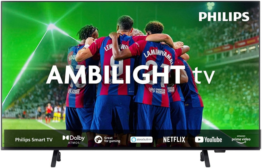 Philips Ambilight TV mit Fußballspielern, Dolby Atmos, Netflix, YouTube und Prime Video.