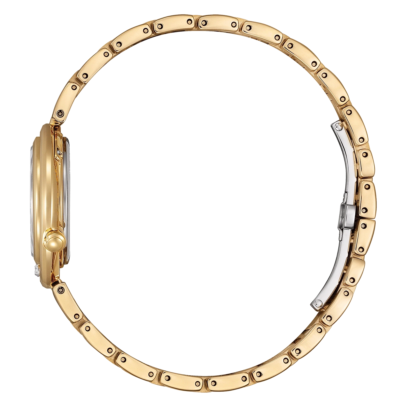 Goldene Damenuhr mit goldenem Armband, Seitenansicht, Nahaufnahme, isoliert