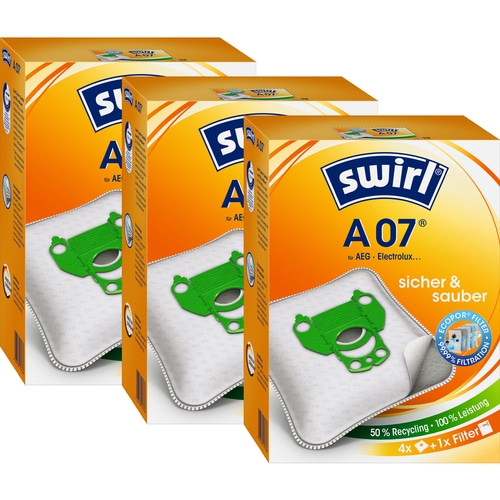 Drei Packungen Staubsaugerbeutel mit der Aufschrift "Swirl A07" und grünen Filtern.