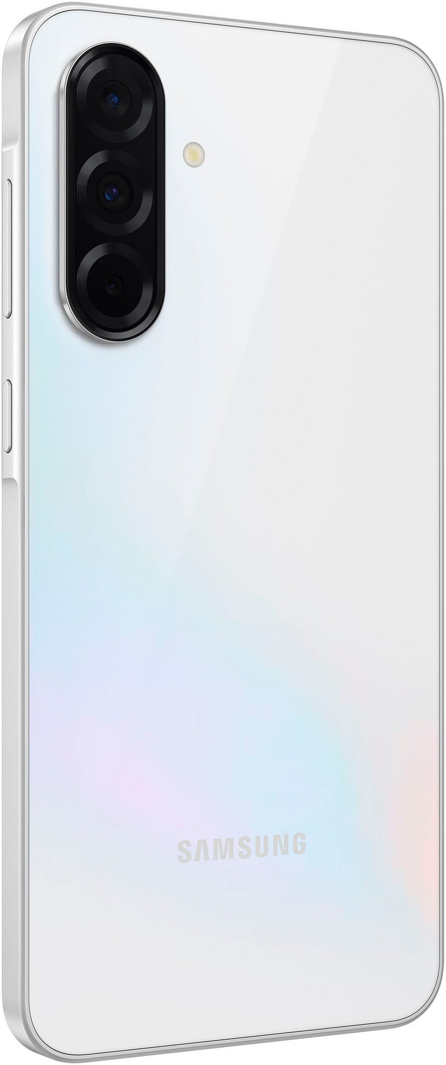 Weißes Samsung-Smartphone mit drei Kameras und einem Blitzlicht, Rückseite
