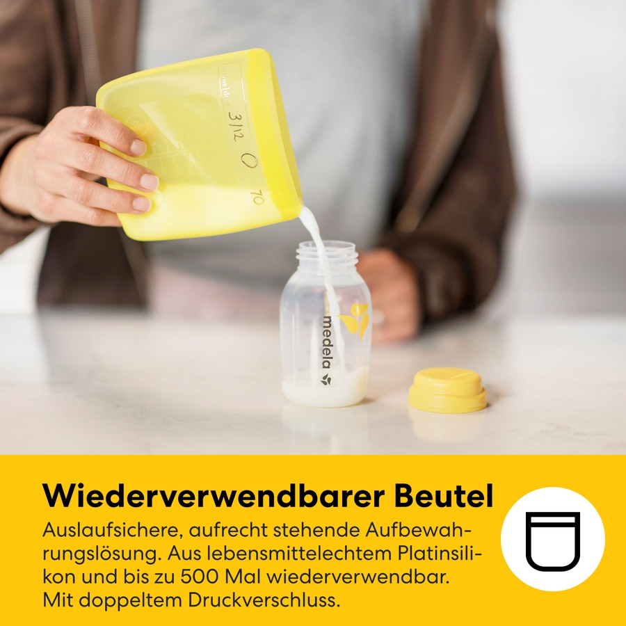 Wiederverwendbarer Beutel zum Aufbewahren von Milch, aus Silikon mit Druckverschluss.