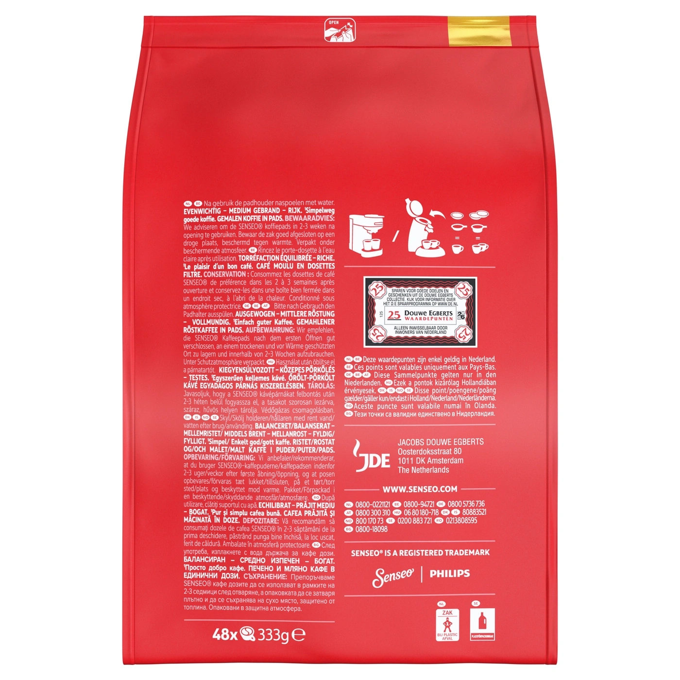 Ein roter Beutel mit Kaffeepads und Markierungen für verschiedene Sprachen, ein Senseo-Logo und Philips-Branding.