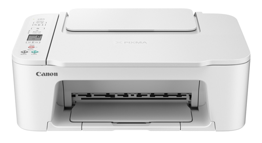 Weißer Canon Pixma Drucker, Frontansicht, mit Bedienfeld und Papierausgabe