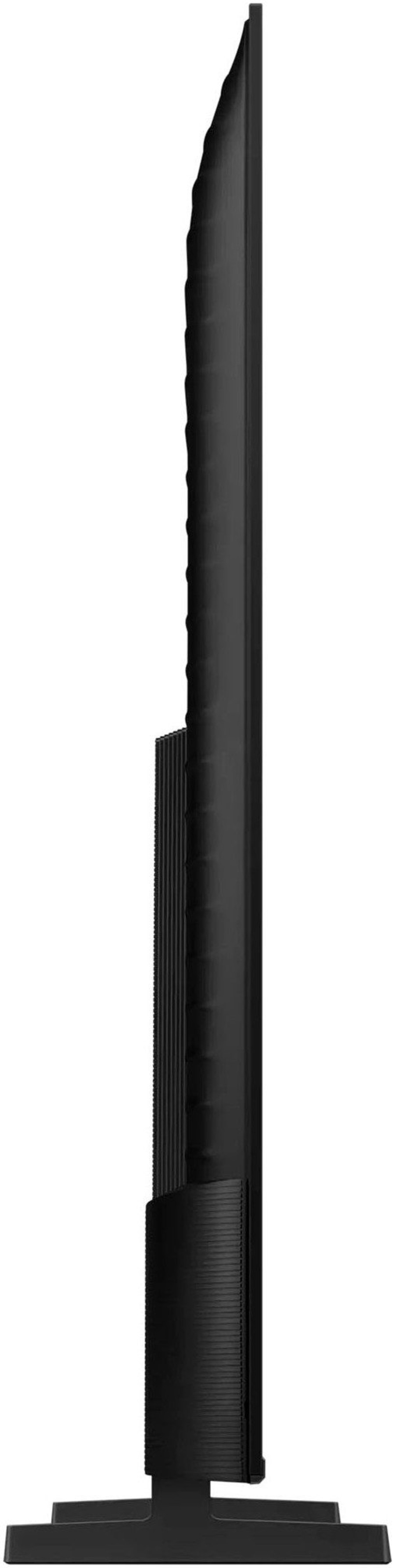 Schwarzer Fernseher, Seitenansicht, mit Standfuß, schlankes Design, modernes Gerät, Technologie