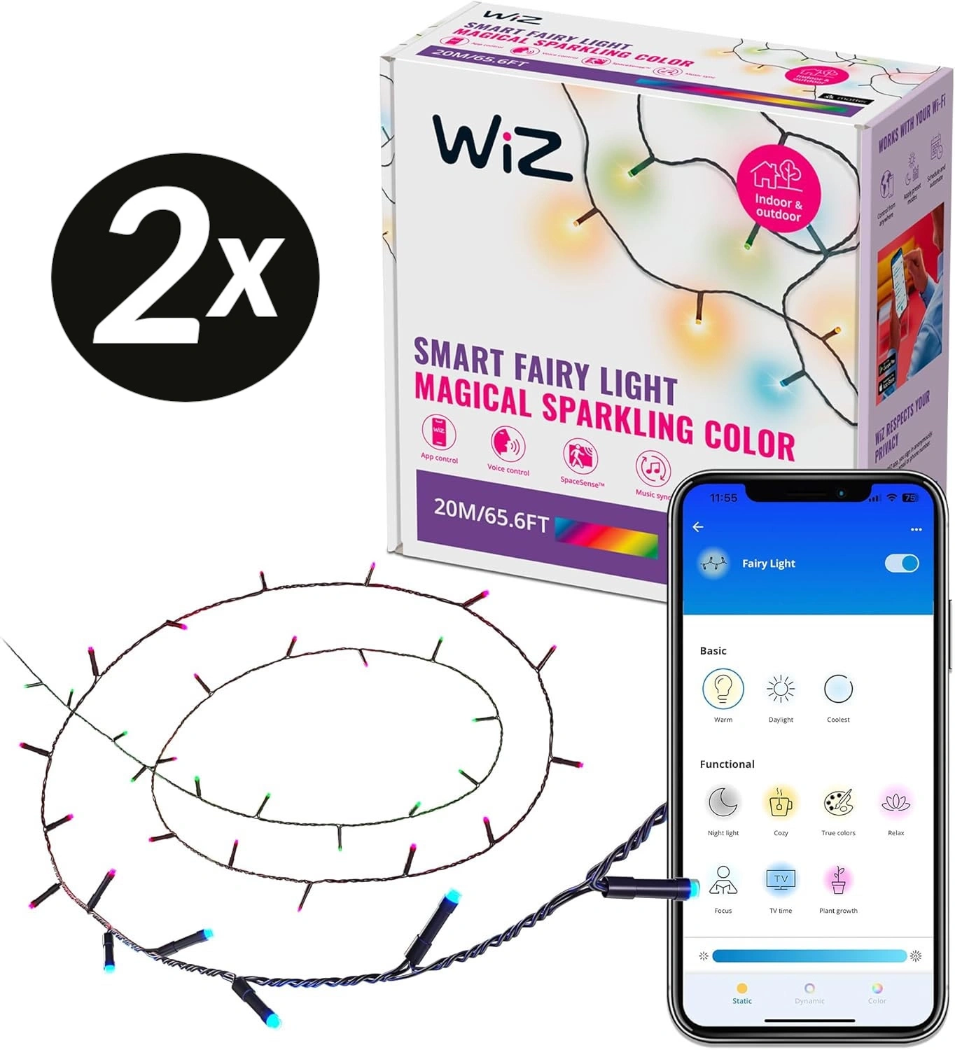 Zwei Packungen Wiz Smart Fairy Lights mit App-Steuerung auf dem Handy
