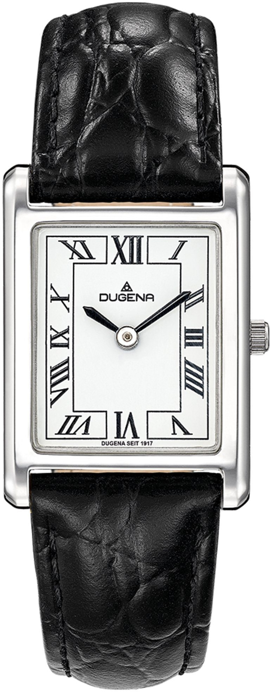 Dugena Uhr, rechteckiges Zifferblatt, römische Ziffern, schwarzes Lederarmband, elegant