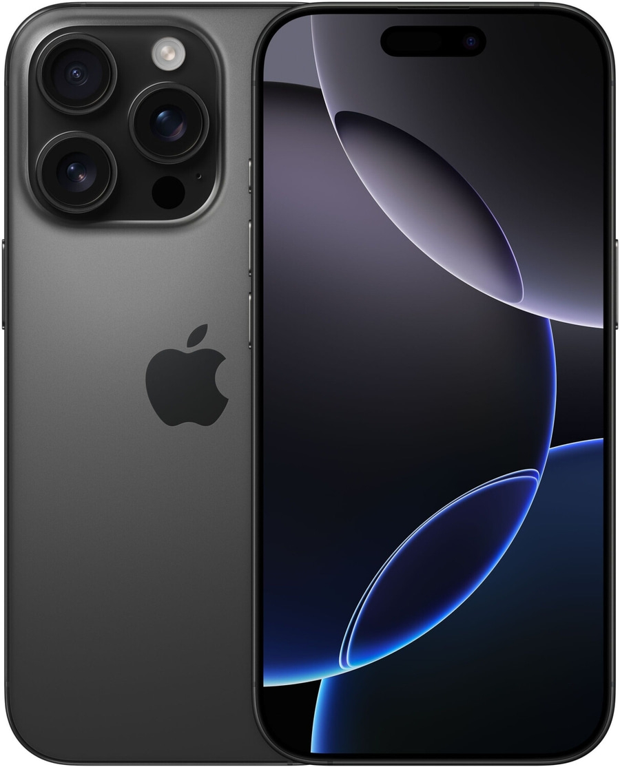Dunkelgraues iPhone mit mehreren Kameras und einem schwarzen Bildschirm, Apple Logo.