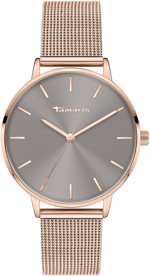 Eine Tamaris Damenuhr mit Roségold-Gehäuse und grauem Zifferblatt auf einem Netzarmband.