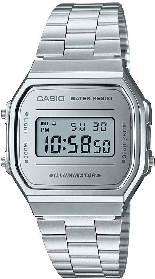 Casio Uhr, silbernes Armband, Digitalanzeige, Zeit 10:58:50, Wasserdicht, Beleuchtung, Start/Stop
