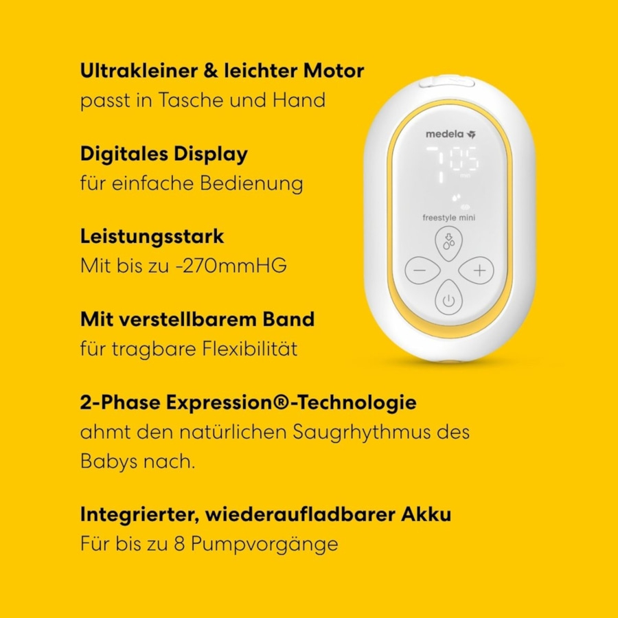 Ein weißes Medela Freestyle Mini Milchpumpen-Gerät mit digitalem Display und Bedienelementen, umgeben von gelbem Hintergrund mit Textmerkmalen.