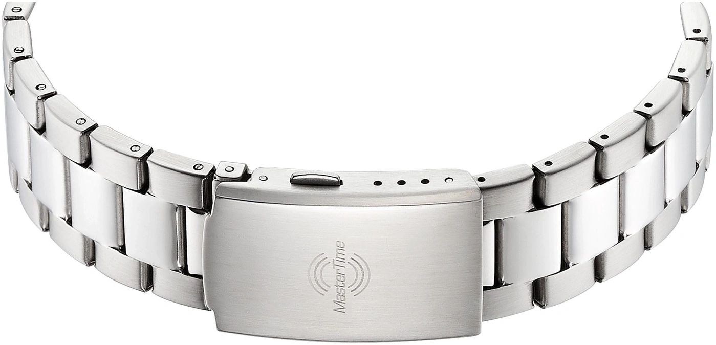 Silbernes Uhrenarmband mit MasterTime-Logo auf der Schließe