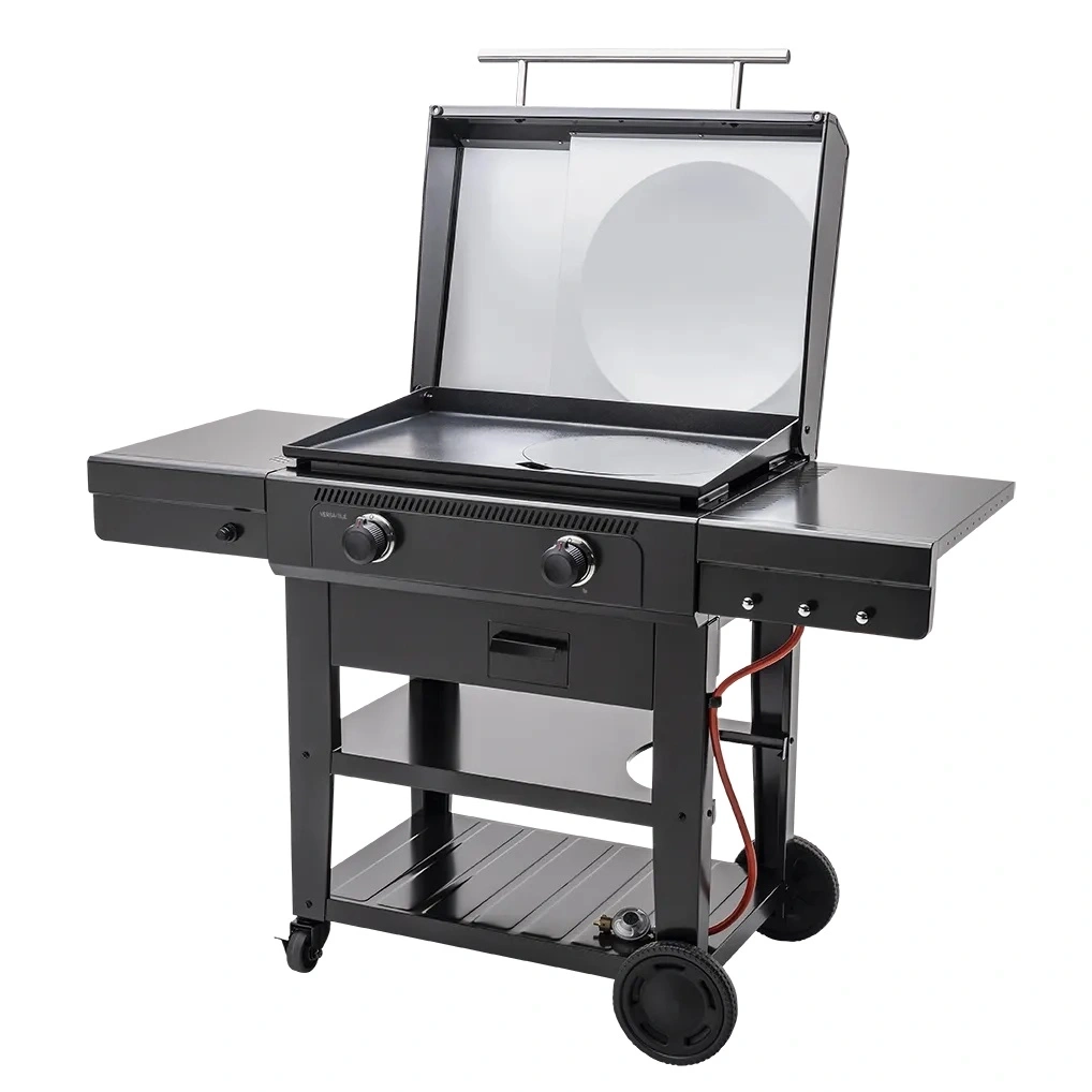 Schwarzer Grillwagen mit aufgeklapptem Deckel und Grillplatte