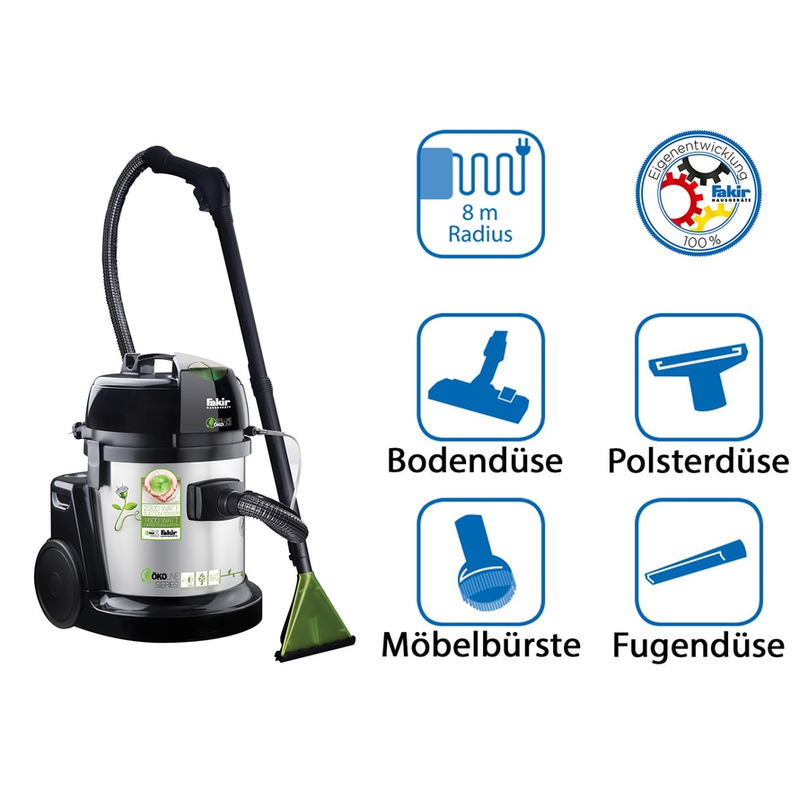 Staubsauger mit Zubehörteilen und Funktionssymbolen