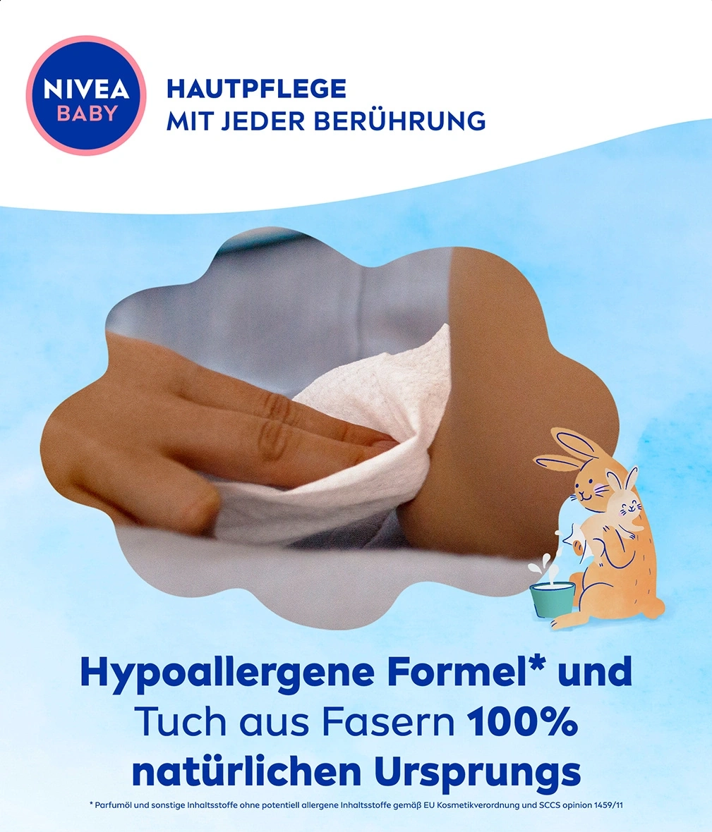 Nivea Baby Hautpflege mit jeder Berührung, hypoallergene Formel, Tuch aus Fasern natürlichen Ursprungs.