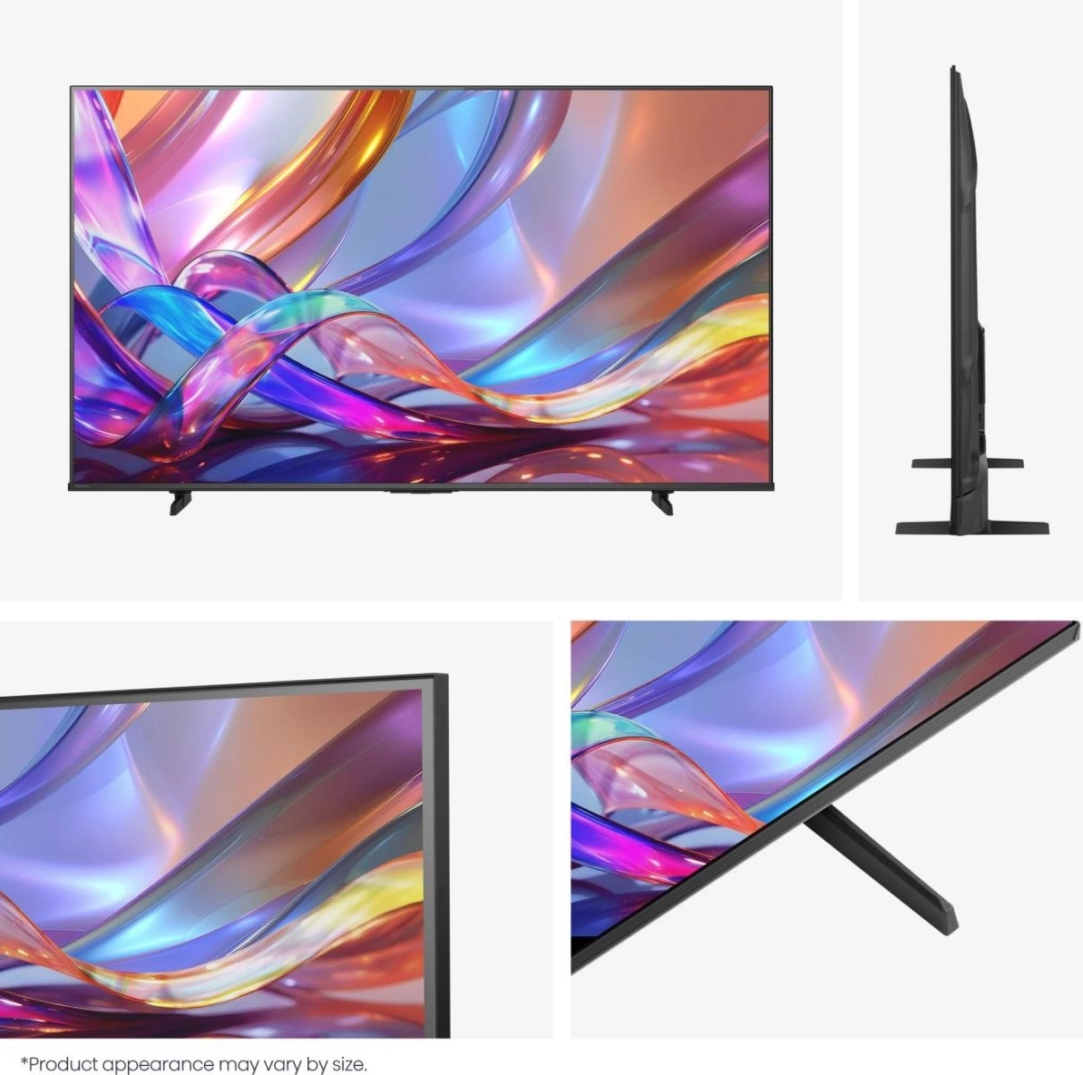Flacher Fernseher mit bunten abstrakten Bildern auf dem Bildschirm und schwarzem Ständer.