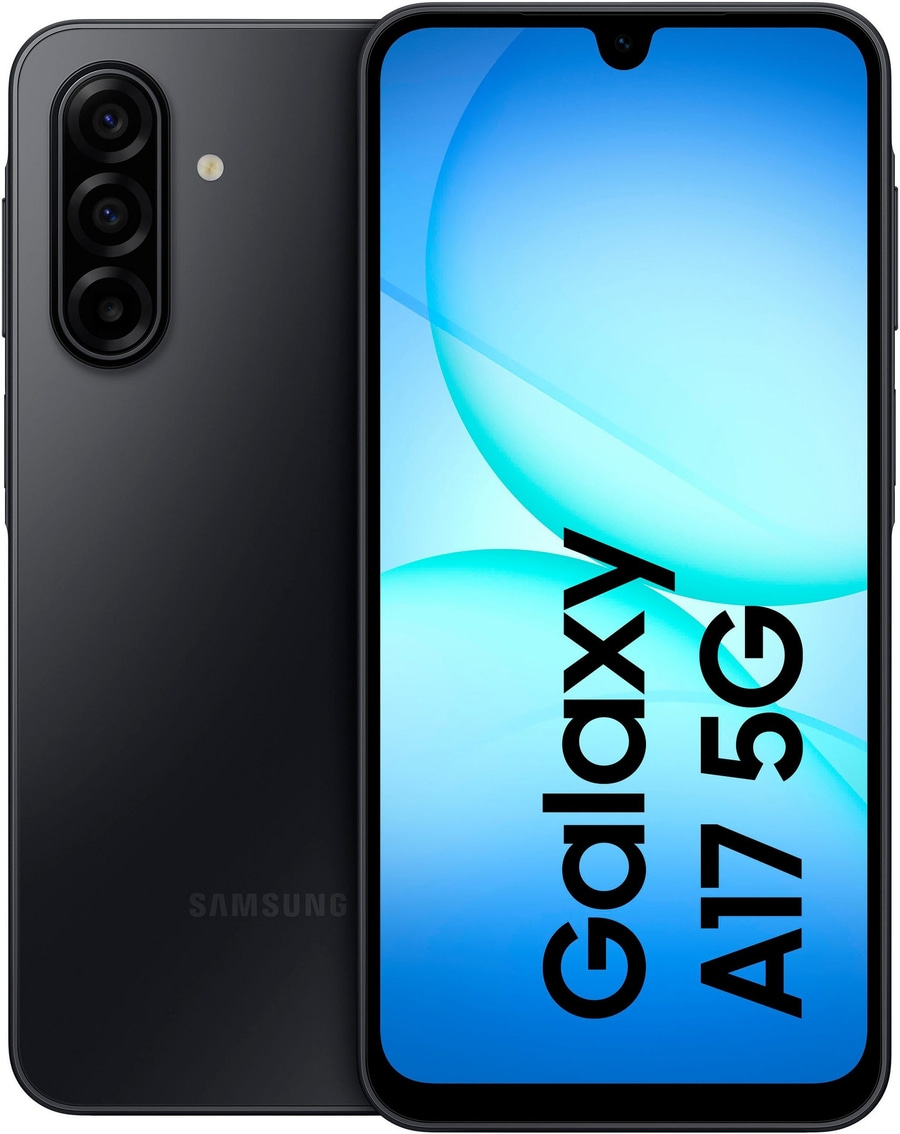 Ein schwarzes Samsung Galaxy A17 5G Smartphone mit drei Kameras auf der Rückseite und einem blauen Display mit Text darauf.