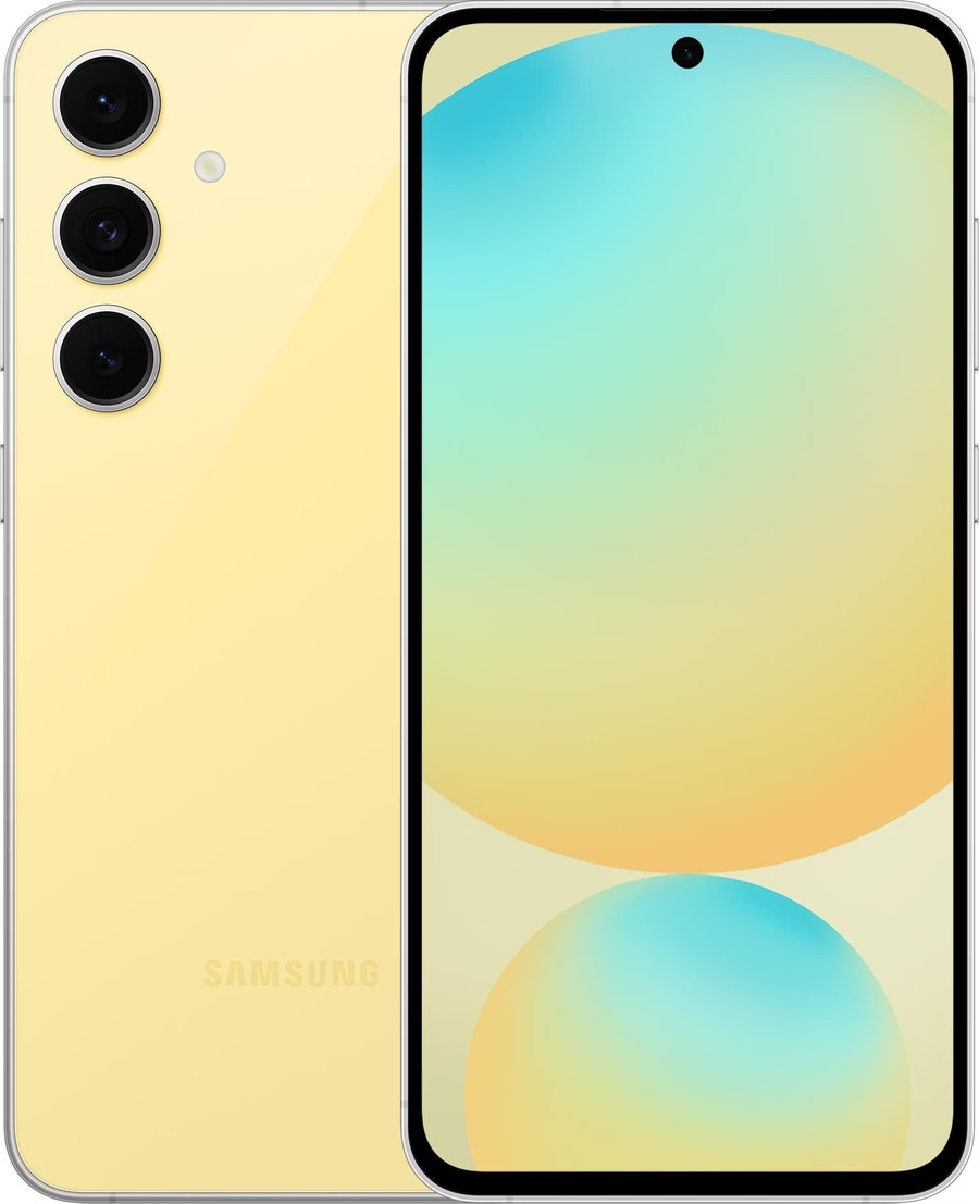 Gelbes Smartphone mit drei Kameras und einem Loch in der Mitte des Bildschirms