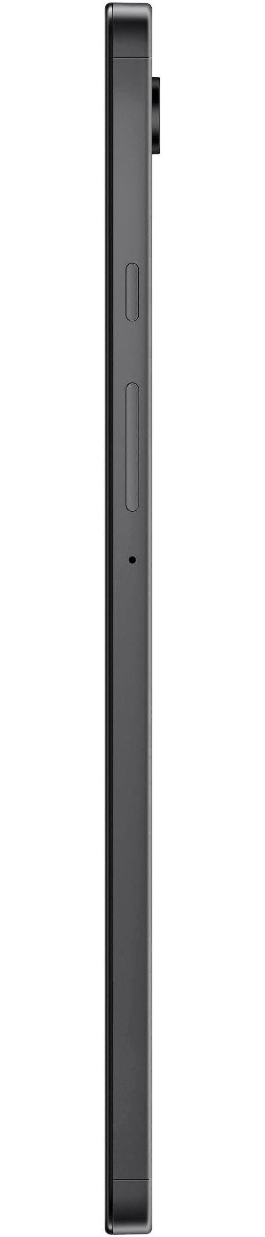 Ein dunkles Smartphone von der Seite mit Knöpfen und einem kleinen Loch.