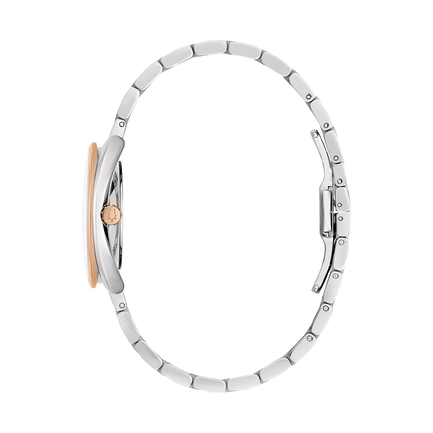 Uhr mit silbernem Armband und roségoldfarbenem Gehäuse, Seitenansicht