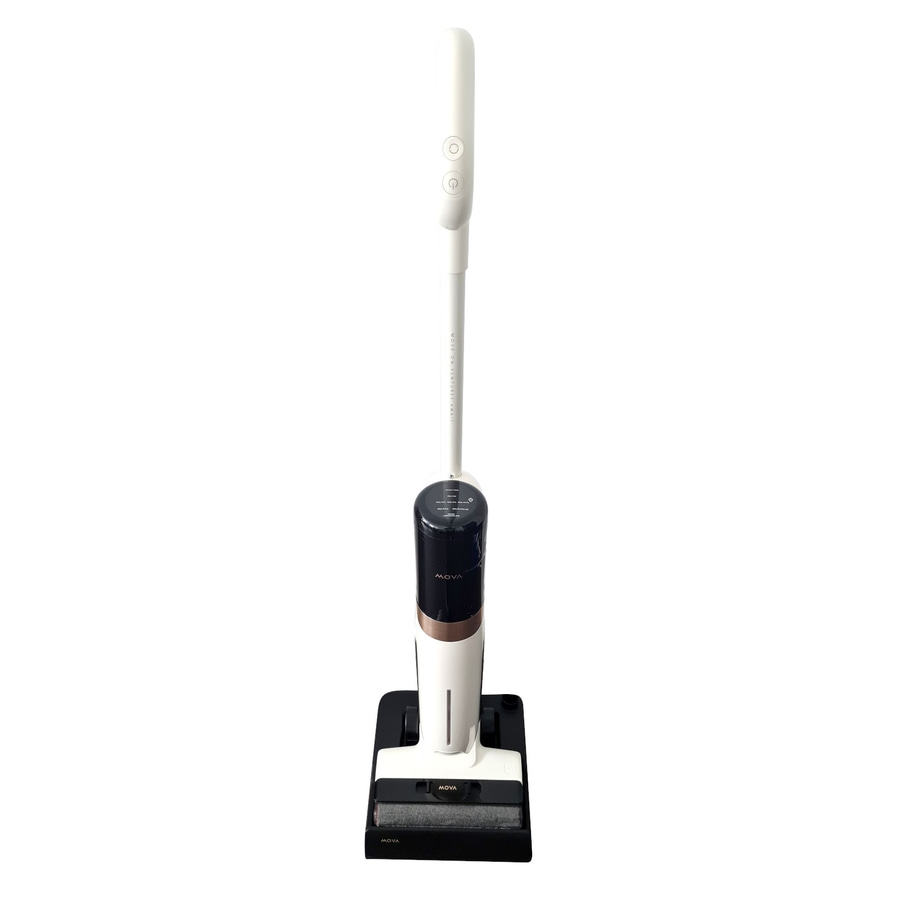 Weißer Staubsauger mit schwarzem und goldenem Akzent, MOVA-Marke