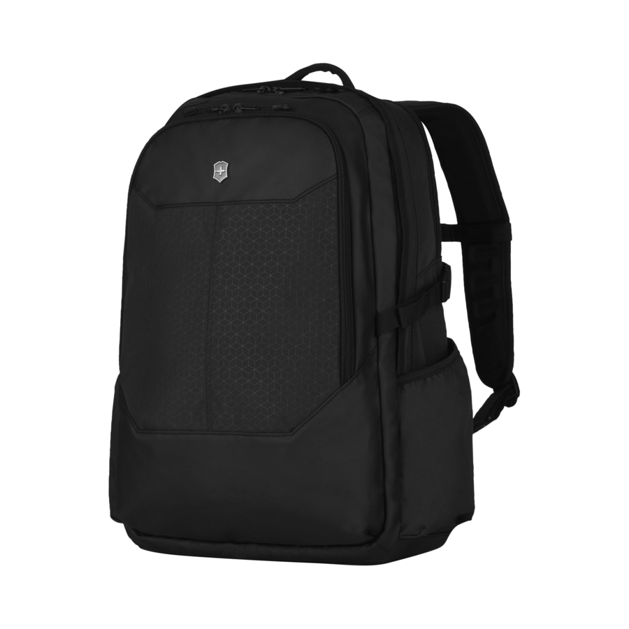 Schwarzer Rucksack mit Logo, geometrischem Muster und Reißverschluss.
