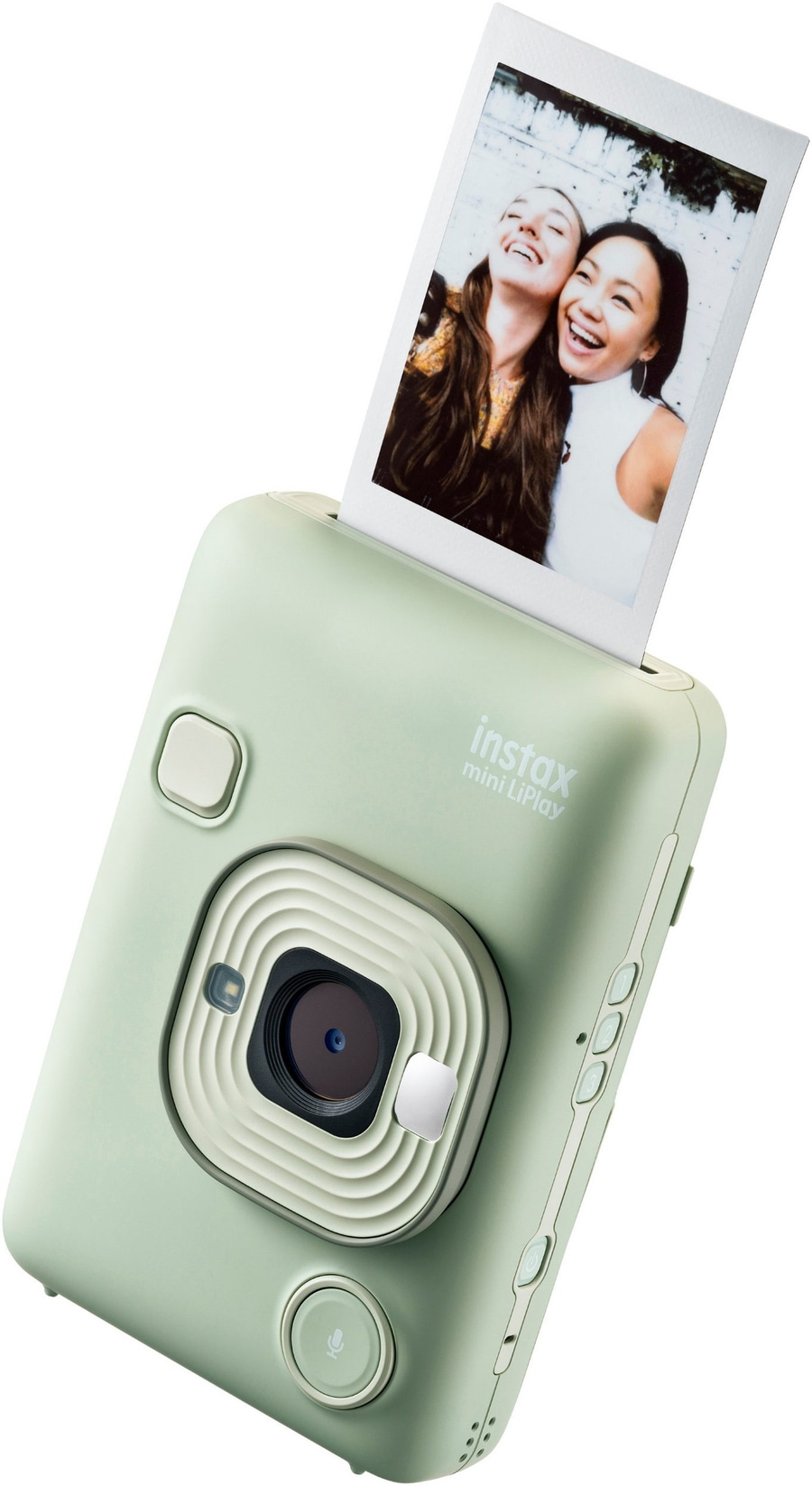 Instax Mini LiPlay Kamera, die ein Foto ausdruckt, mit zwei lächelnden Frauen